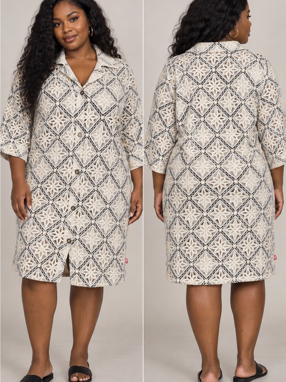 Stacy Adams Women’s M Crochet Lace Shirt Dress Black Ivory Button Front